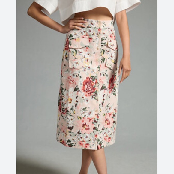 Anthropologie x Mare Mare Feminine Pink Floral Cotton Utility Midi Skirt SZ M - Picture 1 of 13